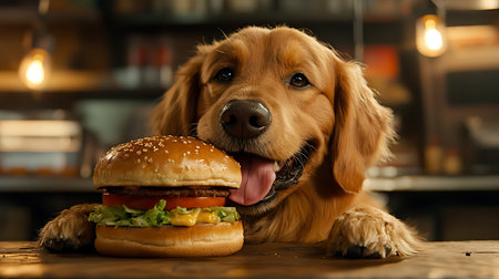 Comic image of A dog is eating a hamburger on a table. The dog is smiling and he is enjoying the mealの素材