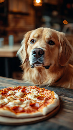 Comic image of A dog is eating a slice of pizza. The dog is brown and has a big mouth. The pizza is on a table and has cheese on itの素材