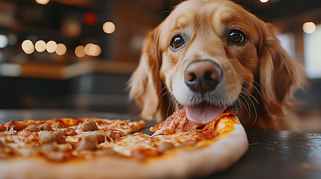 Comic image of A dog is eating a slice of pizza. The dog is brown and has a big mouth. The pizza is on a table and has cheese on itの素材