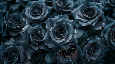 A close up of black roses. The roses are arranged in a way that creates a sense of depth and texture. Scene is dark and mysterious, with the black rosesの素材