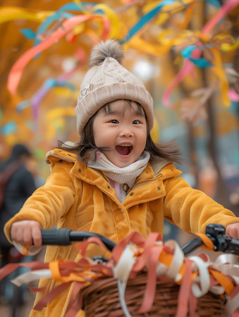 A young girl is riding a bike with a basket on the front. She is smiling and laughing as she ridesの素材
