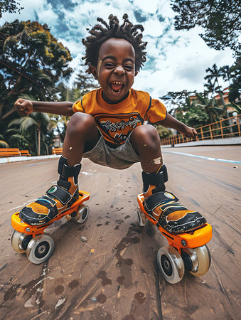 A young child boy is riding a roller skates down a road. The child is happy and smiling. Concept of joy and excitement as the child enjoys the thrill of rollerskatingの素材