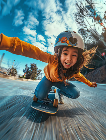 A young girl is riding a skateboard down a street. She is smiling and laughing as she ridesの素材