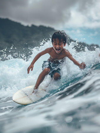 A young boy is surfing on a wave in the ocean. The sunny day, creating a beautiful and serene atmosphereの素材