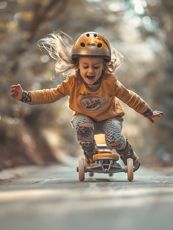 A young girl is riding a roller skates down a road. She is happy and smilingの素材