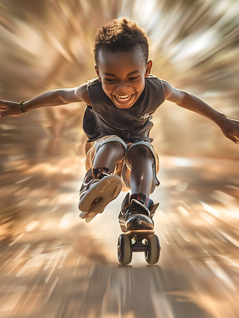 A young child boy is riding a roller skates down a road. The child is happy and smiling. Concept of joy and excitement as the child enjoys the thrill of rollerskatingの素材