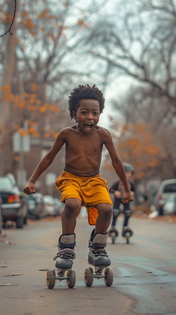 A young child boy is riding a roller skates down a road. The child is happy and smiling. Concept of joy and excitement as the child enjoys the thrill of rollerskatingの素材