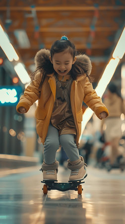 A young girl is riding a roller skates down a road. She is happy and smilingの素材