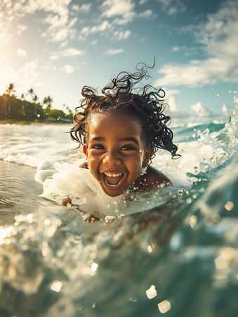 A young girl is riding a surfboard in the ocean. The sunny day, creating a beautiful and serene atmosphereの素材