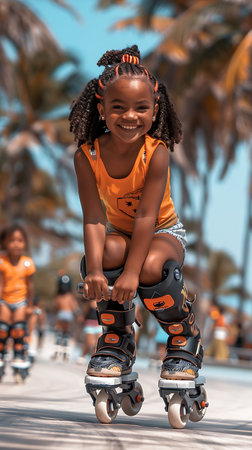 A young girl is riding a roller skates down a road. She is happy and smilingの素材