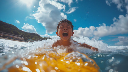 A young boy is surfing on a wave in the ocean. The sunny day, creating a beautiful and serene atmosphereの素材