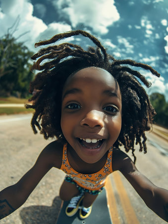 A young girl is riding a skateboard down a street. She is smiling and laughing as she ridesの素材