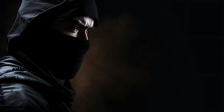 An assassin ninja is wearing a hooded mask. The image has a dark and mysterious mood, with the person's face obscured by the mask. Banner with copy spaceの素材