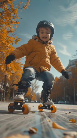 A young child boy is riding a roller skates down a road. The child is happy and smiling. Concept of joy and excitement as the child enjoys the thrill of rollerskatingの素材
