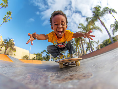 A young boy is riding a skateboard in a skate park. The boy is smiling and he is enjoying himself.の素材