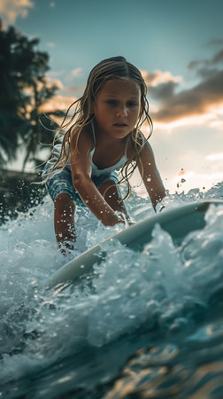 A young girl is riding a surfboard in the ocean. The sunny day, creating a beautiful and serene atmosphereの素材