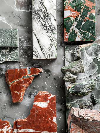 A collection of rocks with different colors and textures. The rocks are arranged in a way that creates a sense of depth and dimension. Scene is one of natural beauty and wonderの素材