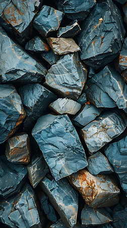 A close up of a pile of rocks. The rocks are rough and jagged, giving the image a rugged and natural feel. Scene is one of strength and resilienceの素材