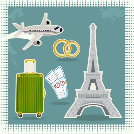 Vector illustration of the Eiffel Tower, with the plane , luggage, tickets and wedding ringsのイラスト素材