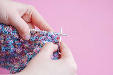 Two women's hands knitting needles from pink and blue yarn on a pink background.の写真素材
