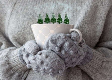Two hands in gray mittens hold a gray, large Cup, from which small green Christmas trees grow, around a snowflakeの写真素材