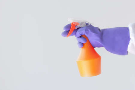 One hand in a purple rubber glove holds an orange spray bottle with cleaning agent. Concept of...