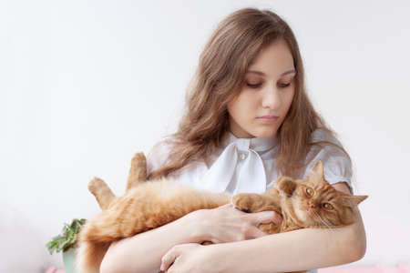 A girl with blue eyes and brown hair holds an orange cat in her arms.の写真素材