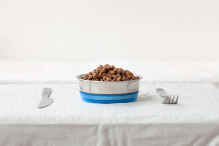 There is a bowl of dog food on the table next to a knife and fork. The concept of food for cats,...