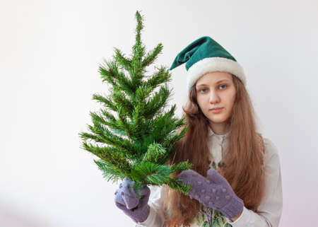 A girl in an elf hat holds a small artificial Christmas tree in her hands.の写真素材