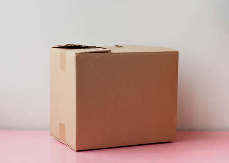 A closed cardboard box stands on a white background. The concept of parcel and delivery.の写真素材