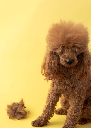 A shaggy miniature poodle sits on a yellow background next to a piece of shorn wool.の写真素材