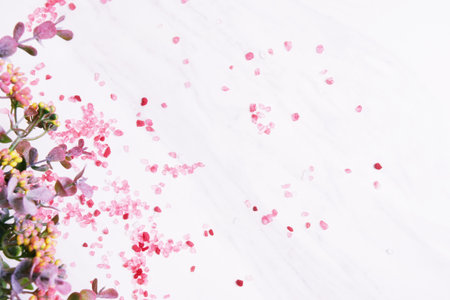 Abstract spa background with herbs, flowers, sea salt and marble. Backdrops for advertisementの写真素材