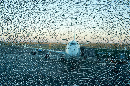 Aircraft silhouette view over the cracked window in the airport. Catastrophe and crash conceptの写真素材