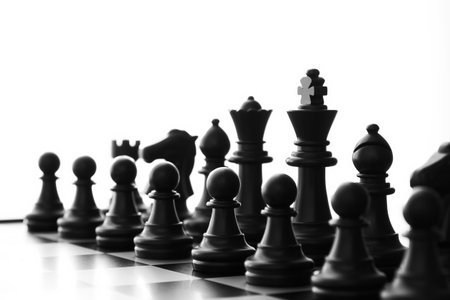 Isolated black Chess army ready for battle on a board with blurred perspective view. Intellectual games and leisure activity concept. Cut out templateの写真素材