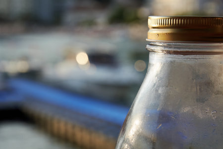 Wine bottle in the seashore restaurant. Food and drinks backgrounds