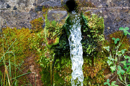 Stone fountain with drinkable water in the forest. Conceptual backgroundsの写真素材