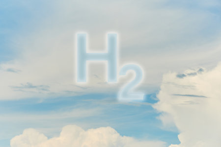 Symbol of modern Hydrogen H2 fuel. Ecological renewable power generation. Ecology conceptual designs and iconsの写真素材
