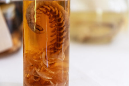 Wild shrimp snake is coiled up inside a glass jar. Medicine and science experimentsの写真素材
