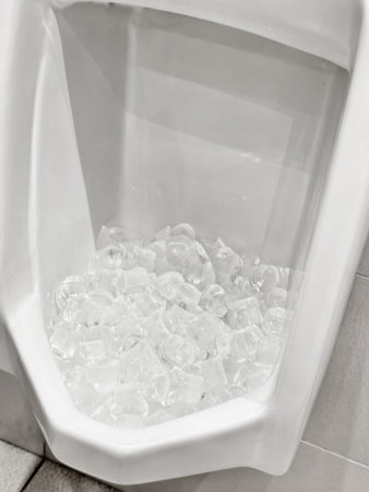 A white urinal is filled with a heap of ice cubes. Modern cleaning system in public bathroomの写真素材