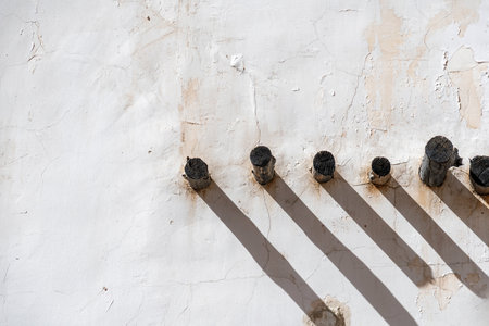 A white wall with wooden posts sticking out. The posts cast long shadows on the wall creating an interesting patternの写真素材