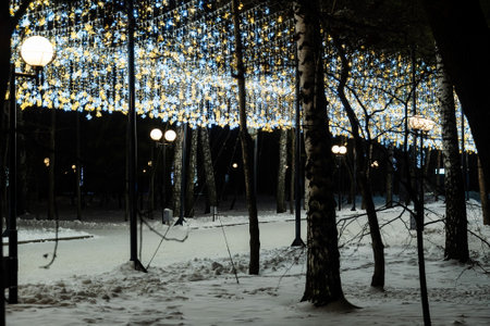 Snow-covered Christmas park path is illuminated by warm lights hanging between trees, creating a magical winter wonderland sceneの写真素材