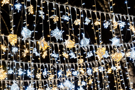 Dazzling display of warm white and cool white LED Christmas lights adorns the night, creating a magical and enchanting Christmas atmosphereの写真素材