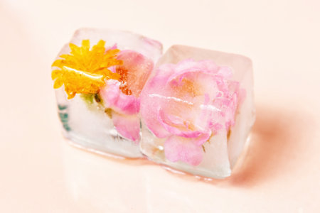 Two ice cubes with beautiful flowers frozen inside. A perfect image for beauty, spa, or refreshment conceptsの写真素材
