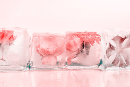 Delicate rose petals frozen inside transparent ice blocks. Showcases a beautiful contrast between the vibrant pink flowers and the cool, clear iceの写真素材