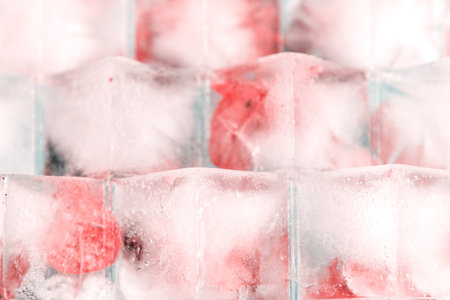 Close-up shot of ice cubes with frozen berries inside, creating a beautiful and refreshing visual....