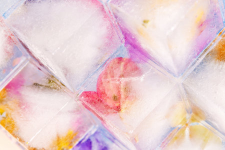 Close-up shot of colorful flowers frozen in ice cubes. The vibrant petals create a beautiful and...