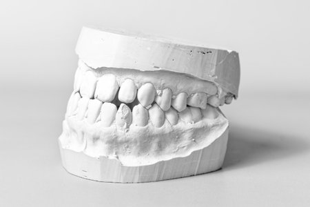 A detailed close-up shot of a dental gypsum model showcasing a set of teeth. High resolution image is ideal for dental professionals and educationalの写真素材