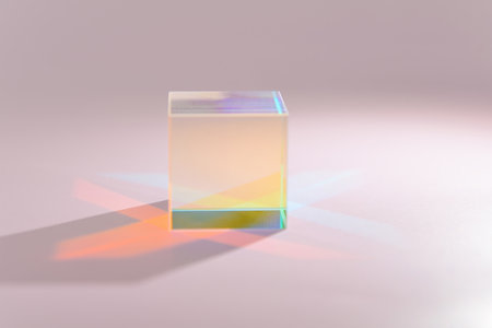 A clear prism refracts light, creating a vibrant display of gradient colors on a light pink surface, showcasing light propertiesの写真素材