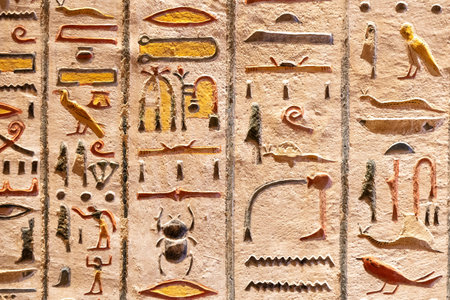 Ancient Egyptian hieroglyphs carved on a stone wall. The relief carvings show various symbols and figuresの写真素材