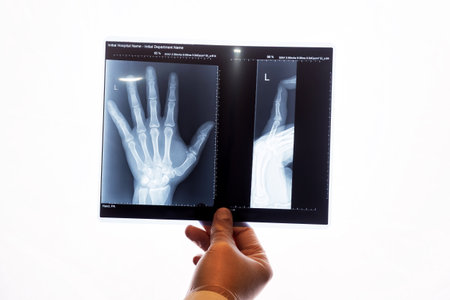 Doctors hand holding a printed image of two x-ray images of a wrist. Detailed images clearly depict...